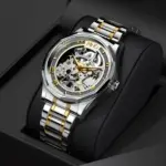 Luxury Men's Skeleton Automatic Mechanical Watch | Sapphire Crystal | Waterproof | Two-Tone Tungsten Steel Band | Silver Dial